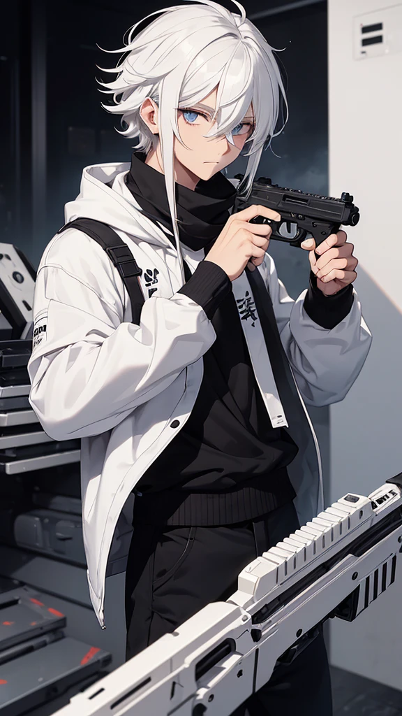 Man;
white hair;
shorth hair;
Messy hair;
eye white;
Some gun sight marks on the pupils;
wear black pants;
black jersey;
A white sweater;
A white scarf;
There's a white sniper on the back;