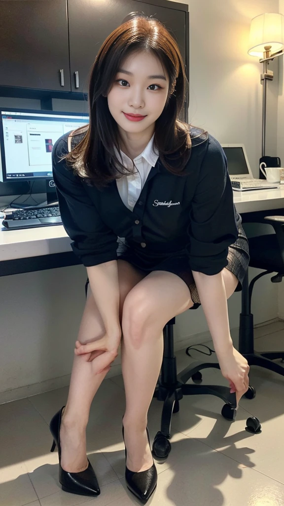 ((top-quality、​masterpiece、photographrealistic:1.4、in 8K))、Beautuful Women１a person、25years old、delicate and beautiful face、Eyes and faces with detailed 、(Modern workplace with computer:1.2)、(Shirt:1.2)、(standing:1.2)、A smile、Beautiful lighting、Textured skin、Super Detail、high detailing、High quality、hight resolution、（looking at the viewers）、Detailed mouth、Opening Mouth、full body Esbian、tight skirts、Women at work、Fishnet Stockings、Coffee、window、Women who can work、high-heels, short hair 