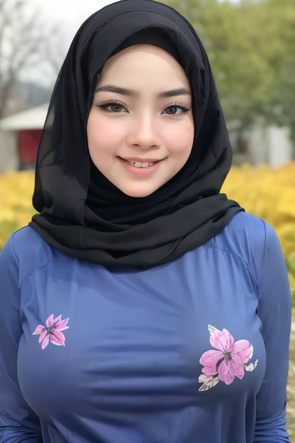 adorable, 1 girl, (face to face), , baby face, happy, half body portrait, (face details: 1), (eye details: 1), ((big breasts)). wearing transparent soft purple long shirt, hijab, .. Cute posed. proportional body. Ultra High Res. realistic: 1.4, UHD, (floral pattern)