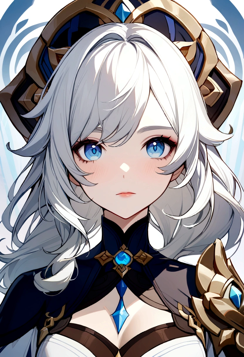 a girl with good attributes, white hair and blue eyes, from the world of genshin impact