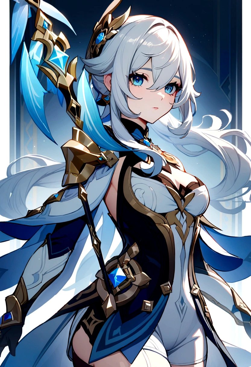 a girl with good attributes, white hair and blue eyes, from the world of genshin impact