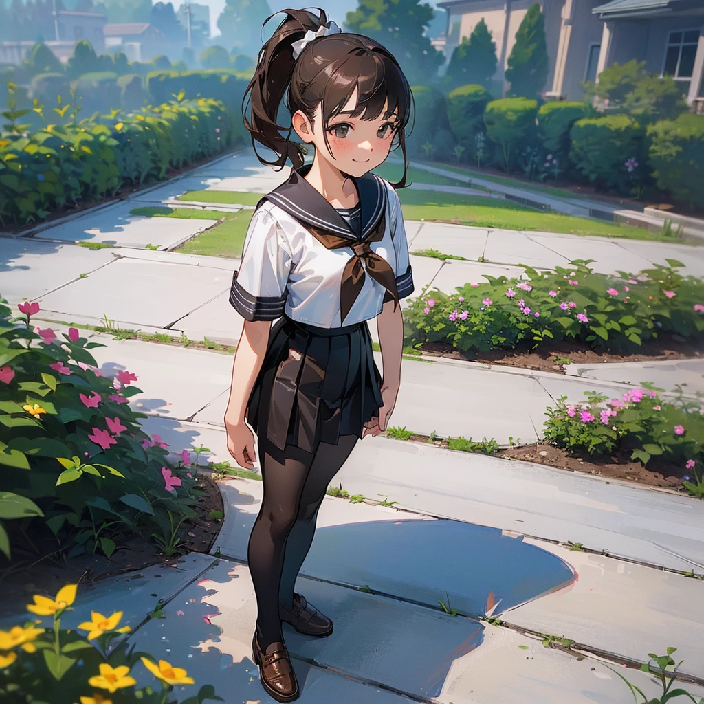 (Highest quality, High resolution, Very detailed, Realistic:1.37), Peaceful atmosphere, (Outdoor, garden), Teenage girl standing alone, Beautiful and detailed features, Cute Smile, ((Black ponytail)),Short-sleeved sailor uniform, Pleated skirt,Black tights,Brown leather shoes.