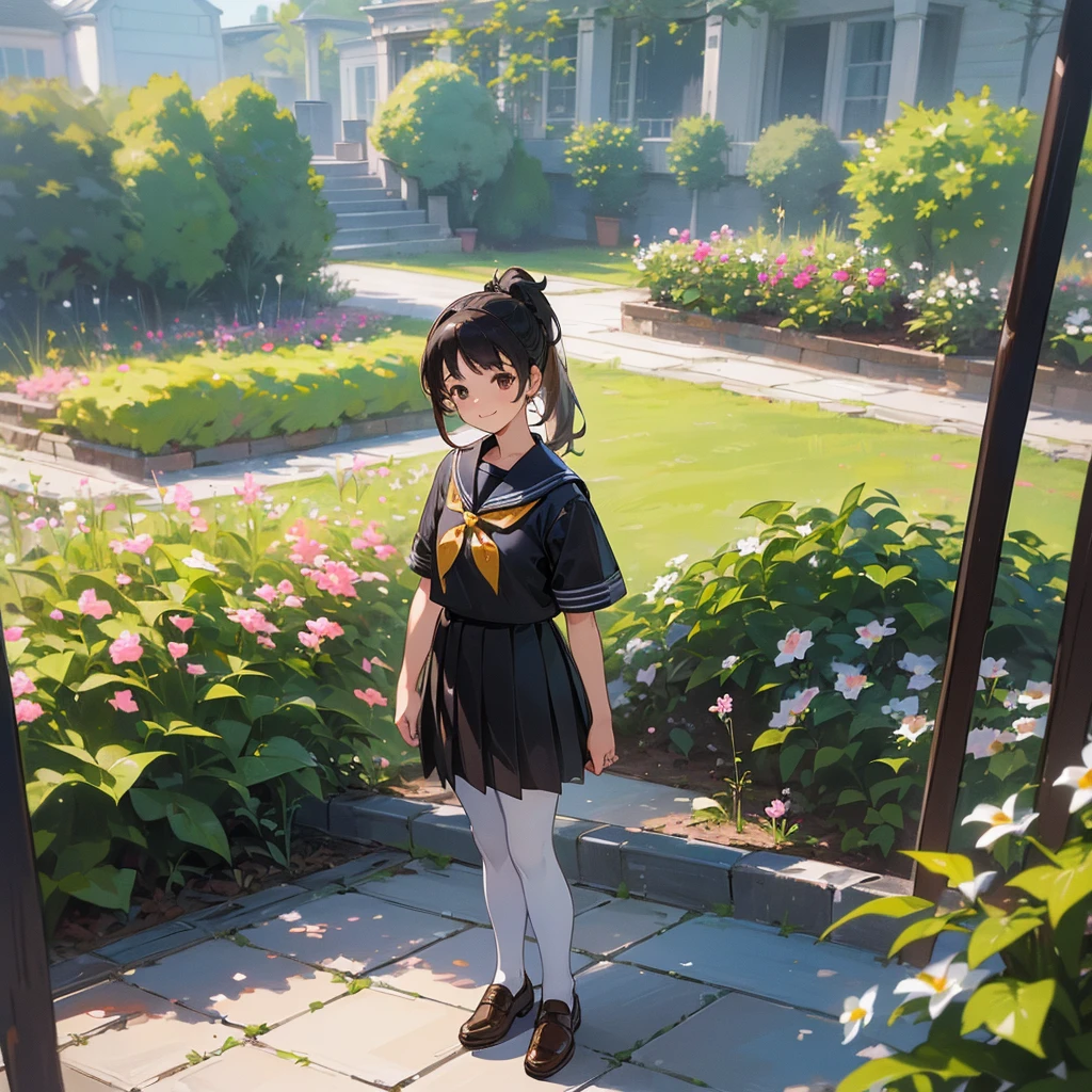 (Highest quality, High resolution, Very detailed, Realistic:1.37), Peaceful atmosphere, (Outdoor, garden), Teenage girl standing alone, Beautiful and detailed features, Cute Smile, ((Black ponytail)),Short-sleeved sailor uniform, Pleated skirt,Black tights,Brown leather shoes.