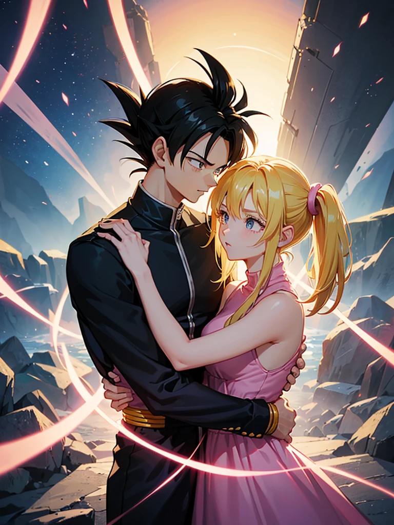 A couple of friends hugging in an emotional farewell atmosphere, next to a spaceship. The boy is tall and adult, with black hair and black eyes, wearing a Dragon Ball Z style battle suit. The girl has blonde hair, blue eyes, and has two pigtails falling over her shoulders decorated with pink ribbons. She wears a pink jumpsuit dress. The art should capture the iconic style of Dragon Ball Z, with an atmosphere that reflects the emotion and sadness of the moment of farewell.