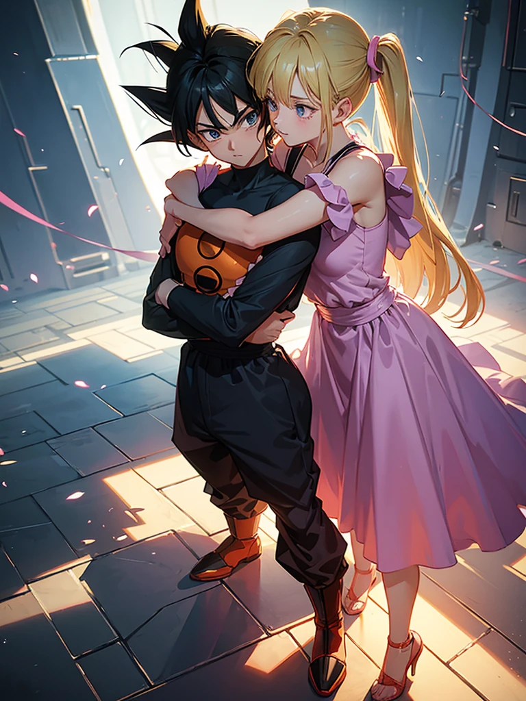A couple of friends hugging in an emotional farewell atmosphere, next to a spaceship. The boy is tall and adult, with black hair and black eyes, wearing a Dragon Ball Z style battle suit. The girl has blonde hair, blue eyes, and has two pigtails falling over her shoulders decorated with pink ribbons. She wears a pink jumpsuit dress. The art should capture the iconic style of Dragon Ball Z, with an atmosphere that reflects the emotion and sadness of the moment of farewell.