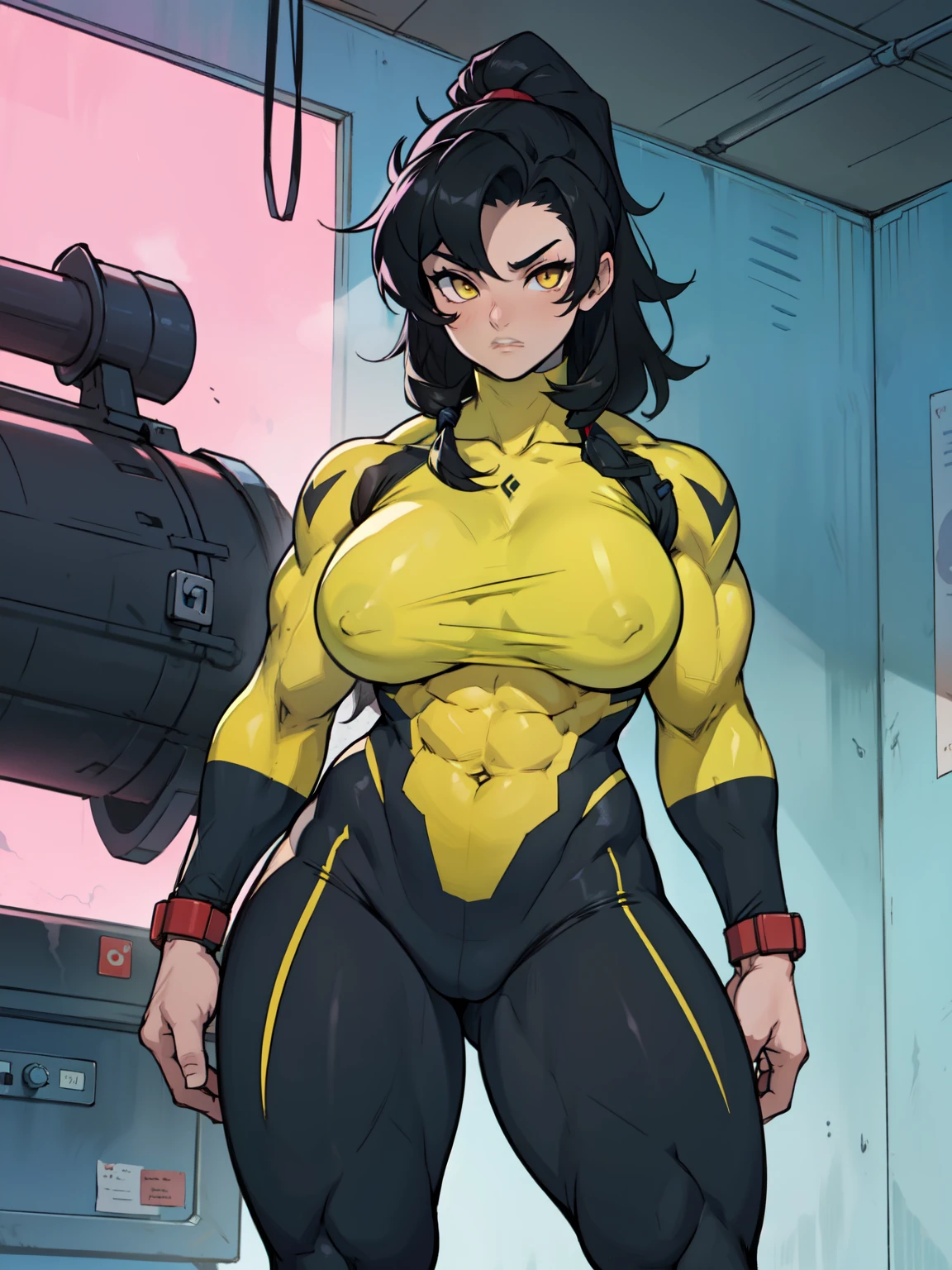 solo standing skintight ((muscular girl perfect anatomy)) toned body massive breasts yellow eyes black hair pale skin