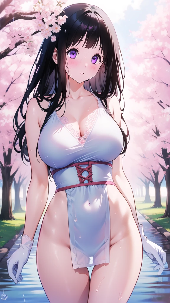 Amazing Chitanda, There is only one beautiful girl,Purple Eyes, Black Hair, Very red face,Very white skin,Glowing skin,Skin as delicate as porcelain,Naturally straight hair, Straight bangs,Extremely refined,Open lips,Long flowing hair,Beautiful Girl, Like a dream,Slim,Slim waist,Soft, (Sensual), (Kawaii), Dream quality,Beautiful big breasts,Transparent loose school uniform,Areola,Completely naked,Lower edge of breast,White gloves,Flower decoration,Deep V neckline,Loose neckline,Lace-up,Wide neckline,Walking in school,Place your hands on your inner thighs,Thighs clamp hands,Wet skin,Sweaty and sweaty,Sweating all over,Underwear Rain,Next to the cherry blossom trees,Back to,Lean over,Hips,Side body,Gluteal groove,Completely naked的臀部,Bare back,Completely naked的背部,Light transmission,(no pants),nopan,pussy juice,Bare shoulders,Bare neck,Exposed collarbone,Exposing breasts,Exposing breasts侧面,Exposing breasts下面,Show your waist,Show your buttocks,Show your thighs,Exposing the groin,(No pants),extremely shy,Ultra-high resolution, (masterpiece:1.2, best quality), (Delicate and beautiful eyes: 1.2), (Beautiful and delicate face)
