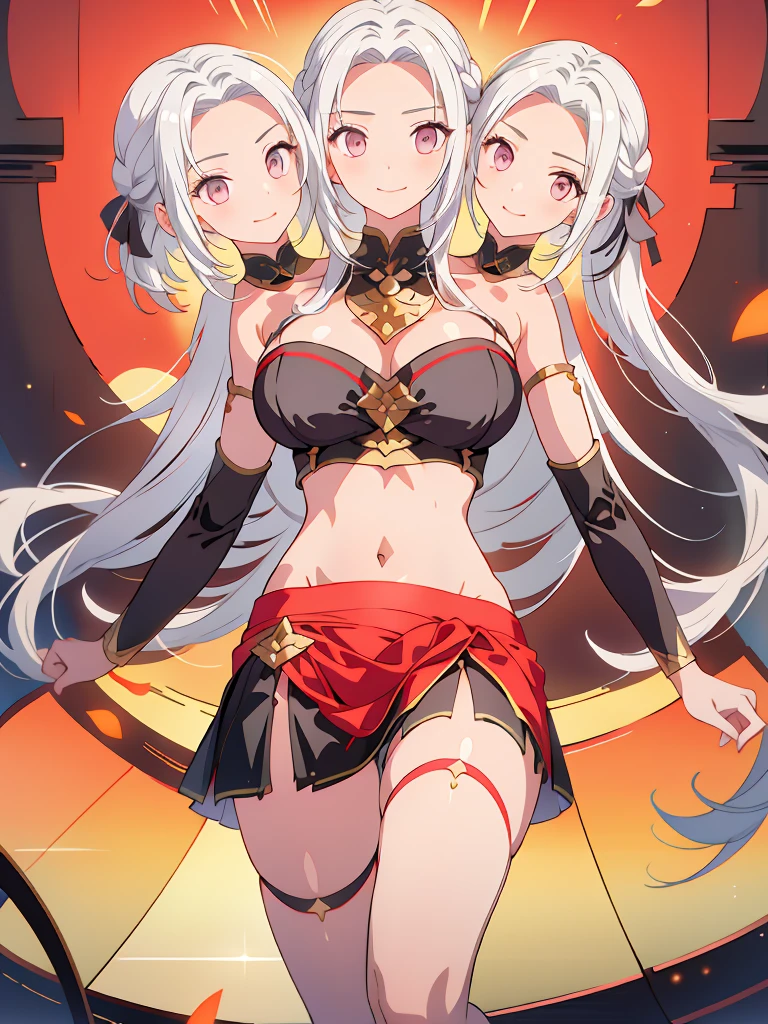 (masterpiece, best quality), best resolution, (3heads:1.5), 1girl, white-silver hair, long flowing hair, smiling, open belly, black crop top, red-nlack , open breasts, huge tits,
