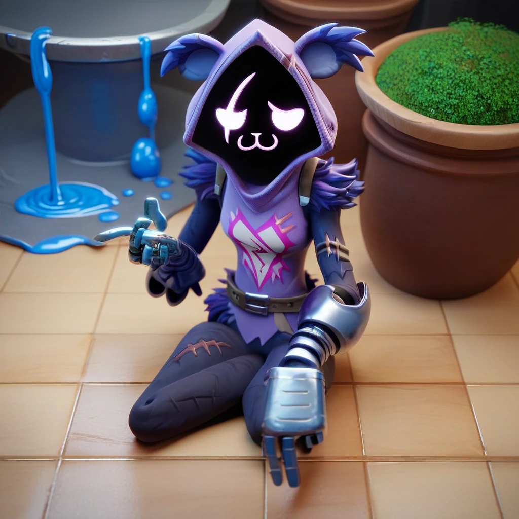 punctuation_9,punctuation_8_High above,punctuation_7_High above,punctuation_6_High above, fountain_ponies, 3D rendering,
Raven team leader,purple hoodie, with no face, shadowed face, animal ears,purple skin, scar on eye, body skin, purple fur, waist belt, torso symbol, metal gloves, gazing at viewer, smiling, teeths, sitting down, in floor, inside the hall, holding a pot full of blue liquid,