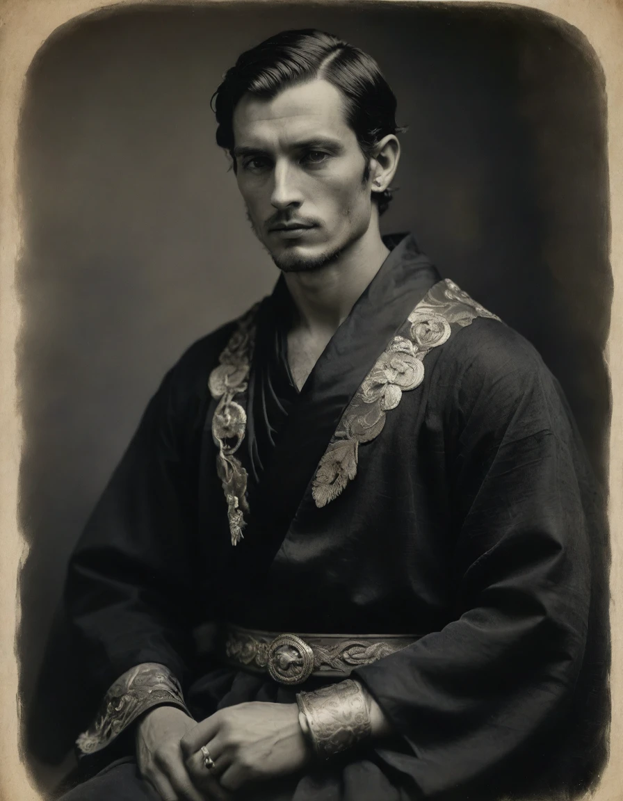 Masterpiece, best quality, by Moebius, by Théodore Géricault, ((((Rough monochrome, daguerreotype on old paper, male focus)))), the composition is: (((a young male Roman nobleman, sullen, facing viewer. Tattoos, His face is tattooed. He is wearing a black silken robe with hanfu elements, sashes, medals, diamond shape symbology, moth symbology, jungle background))).
