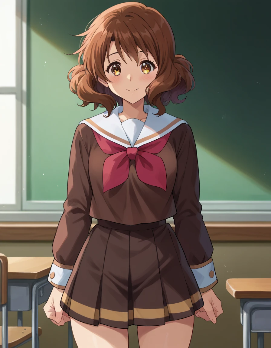 Highest quality, High resolution, masterpiece, (Beautiful Eyes), (Fine grain), Detailed face, kumiko oumae, Brown eyes, Brown Hair, short hair, Wavy Hair, smile, blush, skirt, shirt, Long sleeve, , pleated skirt, neckerchief, brown skirt, White sailor collar, brown shirt, Kitauji High , red neckerchief, indoor, classroom, Chair, machine, View your viewers, Cowboy Shot, (skirtを持ち上げる:1.5), (skirt that rolls up), (Panties in full view), (Wide pelvis), (Thick thighs), (White panties)