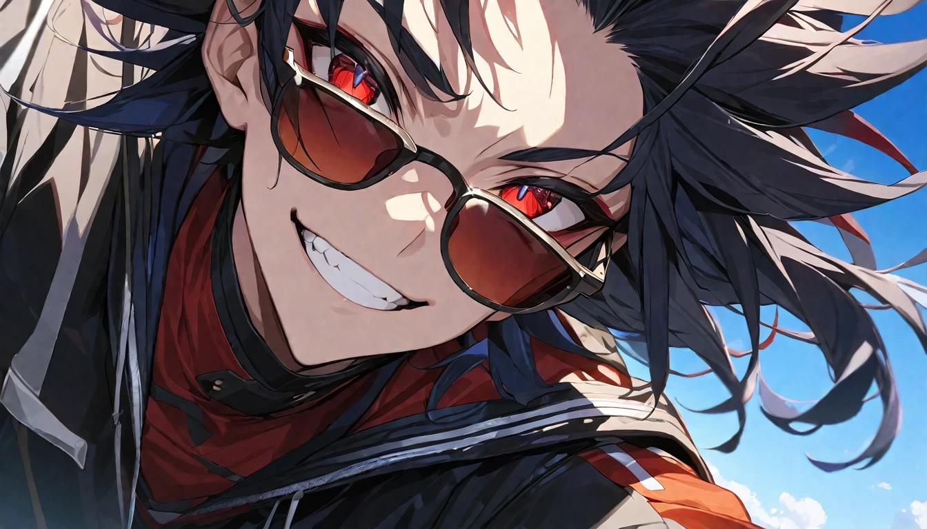 (masterpiece, best quality:1.2), (hyperdetailed face), (Super well-formed face), close up, face focus, solo, male focus, 1boy, gojo satoru, 18-years-old, slim body, black hair, long hair, red eyes, crystal clear eyes, beautiful pupils, beautiful detailed eyes, smiling, white teeth, long white eyelashes, black パーカー, long sleeves, black pants, wearing sunglasses, looking at viewer, beautiful blue sky, summer sky