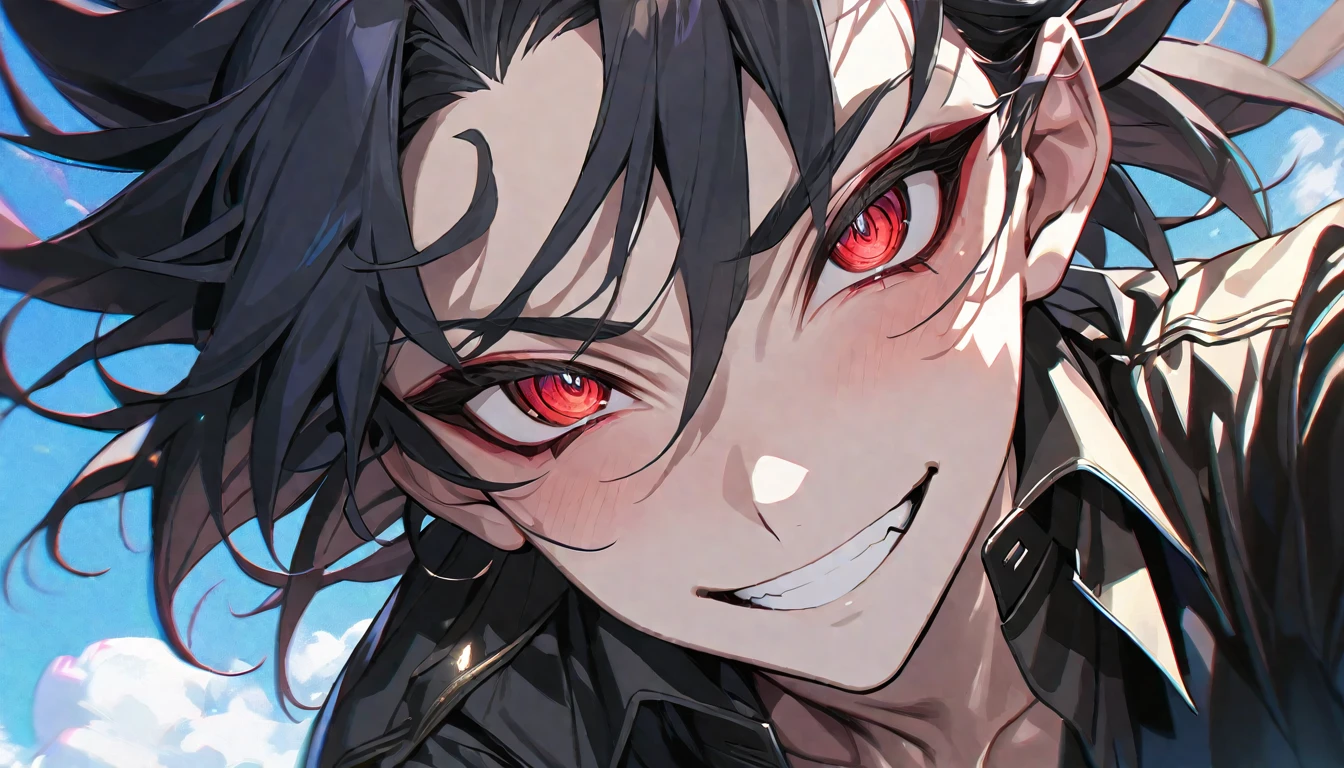(masterpiece, best quality:1.2), (hyperdetailed face), (Super well-formed face), close up, face focus, solo, male focus, 1boy, gojo satoru, 18-years-old, slim body, black hair, long hair, red eyes, crystal clear eyes, beautiful pupils, beautiful detailed eyes, smiling, white teeth, long white eyelashes, black パーカー, long sleeves, black pants, wearing sunglasses, looking at viewer, beautiful blue sky, summer sky