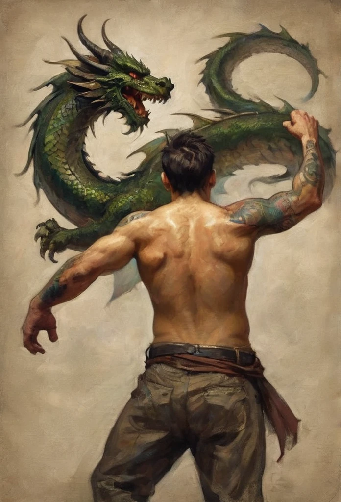 A vicious man turns his back to the viewer and flexes shirtless. He has extensive dragon themed tattoos.