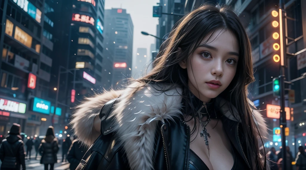 masterpiece,quality,Best quality at best,Official Art,(Beauty and aesthetics:1.2),(masterpiece:1.3),The city of the future,Cyberpunk Characters,A girl,Fur coat,No underwear,Sexy body,Looking at the camera,(Close-up cleavage:1.8),Volumetric Fog,snow,snow,drama,Christmas Eve