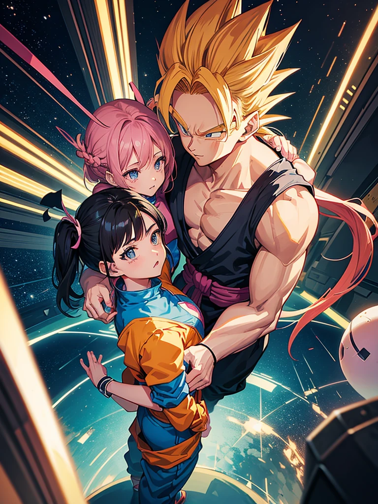 A couple of friends hugging in an emotional farewell atmosphere, next to a spaceship. The boy is tall and adult, with black hair and black eyes, wearing a Dragon Ball Z style battle suit. The girl has blonde hair, blue eyes, and has two pigtails falling over her shoulders decorated with pink ribbons. She wears a pink jumpsuit dress. The art should capture the iconic style of Dragon Ball Z, with an atmosphere that reflects the emotion and sadness of the moment of farewell.