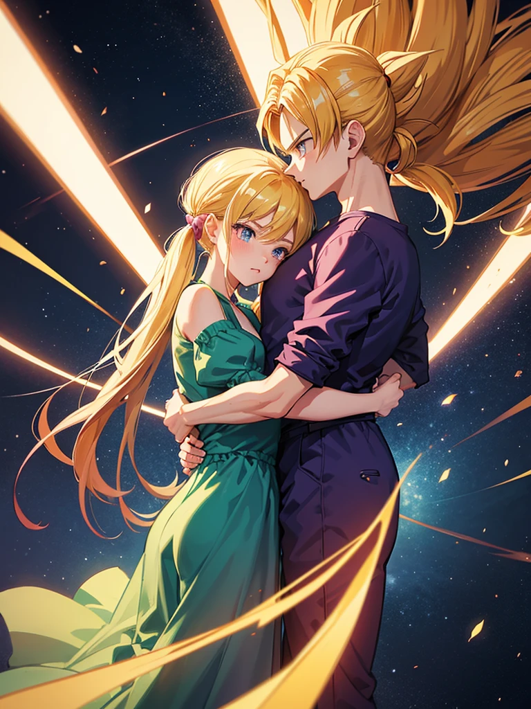 A couple of friends hugging in an emotional farewell atmosphere, next to a spaceship. The boy is tall and adult, with black hair and black eyes, wearing a Dragon Ball Z style battle suit. The girl has blonde hair, blue eyes, and has two pigtails falling over her shoulders decorated with pink ribbons. She wears a pink jumpsuit dress. The art should capture the iconic style of Dragon Ball Z, with an atmosphere that reflects the emotion and sadness of the moment of farewell.