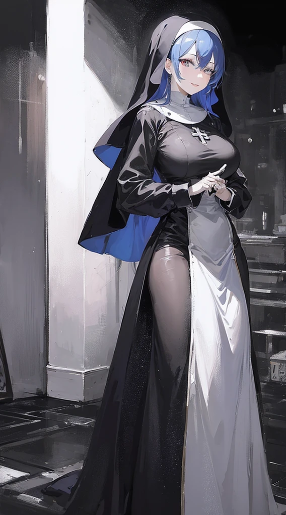 masterpiece, high definition, PERFECT FACE, anime - style image of a blue haired woman in a black nun outfit, elegant nun girl, utopia, mature and lady, smile face, from girls frontline, artwork in the style of guweiz, , background art, lighting, PERFECT EYES, looking at viewer