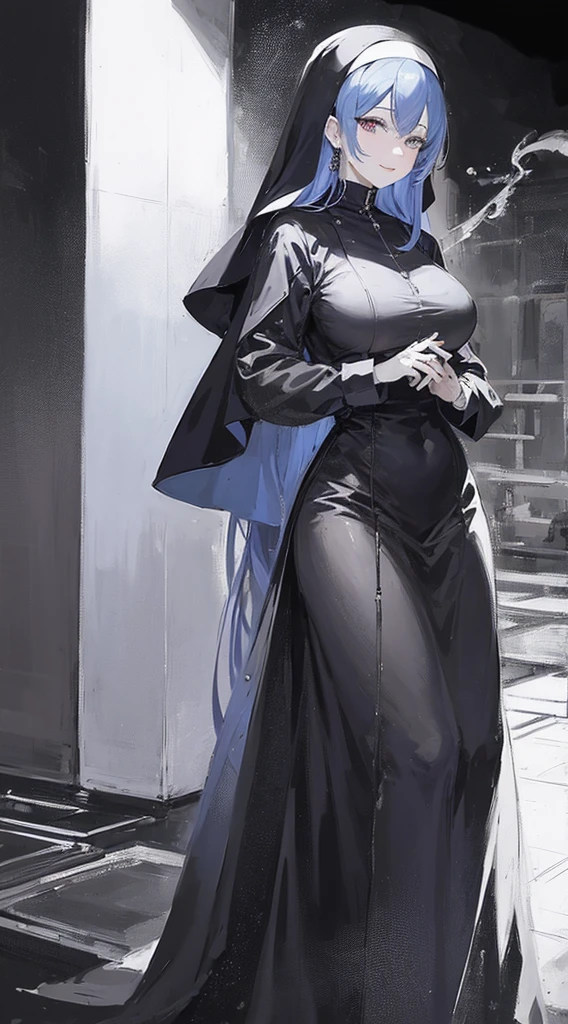 masterpiece, high definition, PERFECT FACE, anime - style image of a blue haired woman in a black nun outfit, elegant nun girl, utopia, mature and lady, smile face, from girls frontline, artwork in the style of guweiz, , background art, lighting, PERFECT EYES, looking at viewer