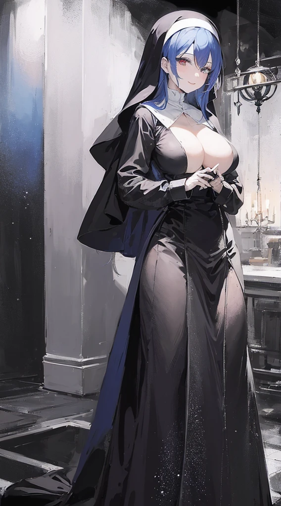 masterpiece, high definition, PERFECT FACE, anime - style image of a blue haired woman in a black nun outfit, elegant nun girl, utopia, mature and lady, smile face, from girls frontline, artwork in the style of guweiz, , background art, lighting, PERFECT EYES, looking at viewer