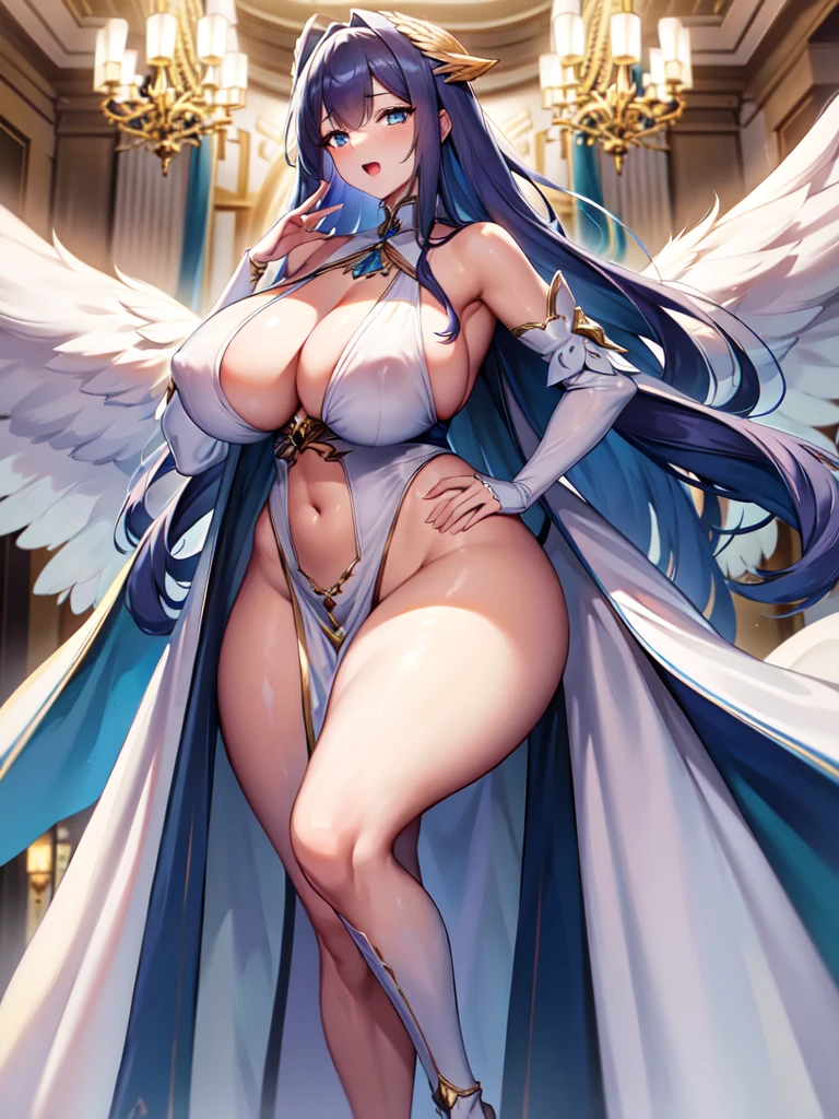 最high quality, high quality, 8K、High resolution,Highest quality、solo、Are standing、白いビキニを着ているtallのadult female angel、大きな白い翼が特徴的なadult female angel、Thighs、tall、super Wide Angel, Open Mouth Smile、Thighs、Naturally Shaped Fingers、Long neck、from the front、Background of a bright room with a chandelier、belly button、Blonde hair and blue eyes、Majestic Angel, Anime Goddess, Wide Angel, thick, Beautiful and attractive anime woman, Huge and stunning goddess shots, Angel Adult Woman, adult female angel, She has angel wings on her back,Highly detailed goddess shot