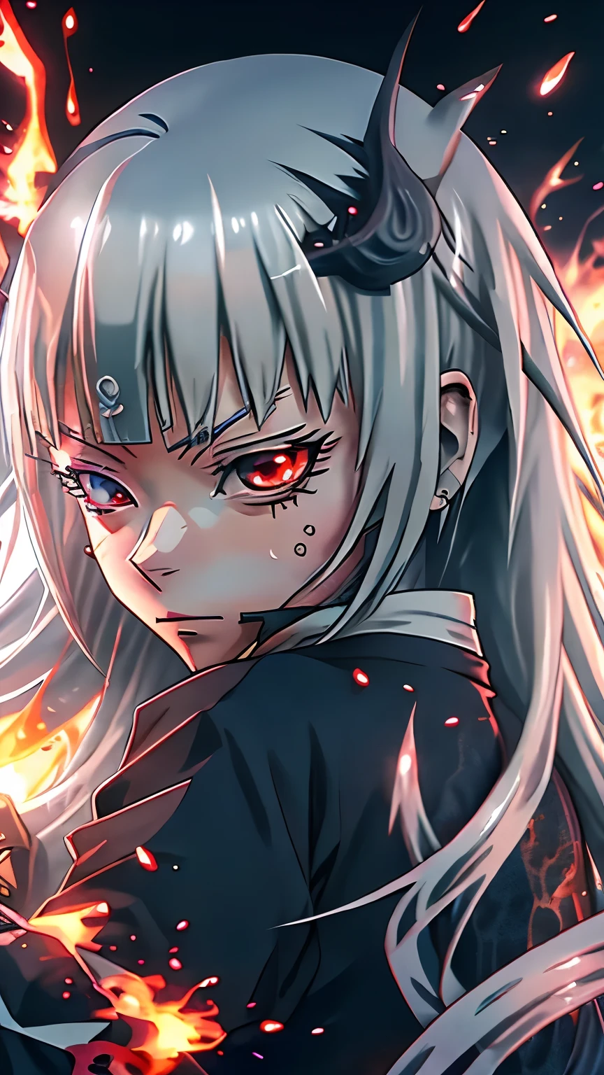 tensei shitara slime datta ken, luminous valentine, silver long hair, anime art style, tensei shitara limo datta ken, 2D anime style, reincarnated as a slime, bright fiery eyes, bright orange eyes, Bright ember eyes, burning eyes, red eyes of fire, wallpaper, 4 k manga wallpaper, animated badass 8k, 4k animado wallpaper, animated epic artwork, hd anime wallaper, anime wallaper, animated style 4k, ultra hd animado wallpaper, animado wallpaper 4k, animado wallpaper 4 k, epic animated style, mitz vah art style, detailed animated art