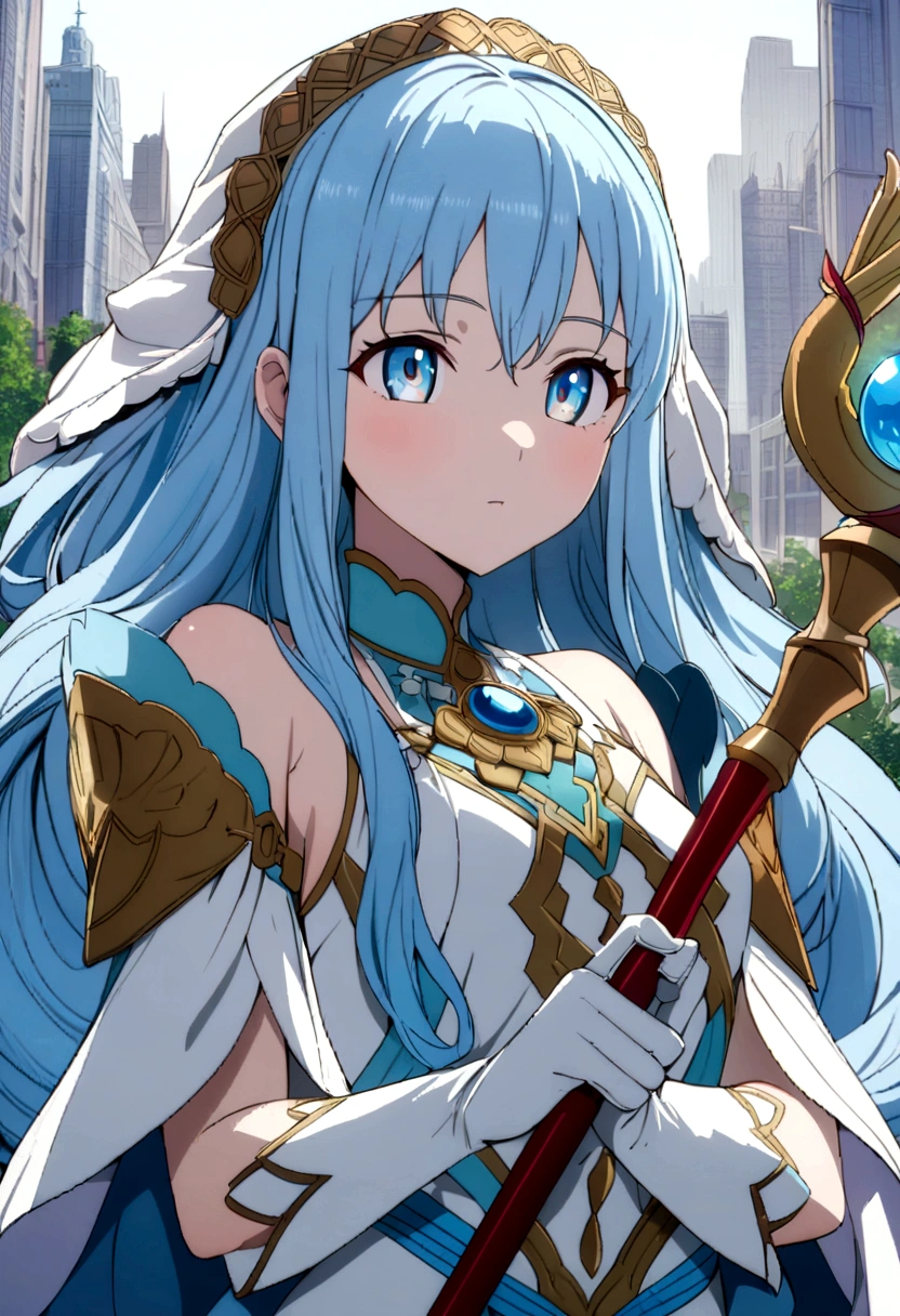 One girl, High resolution, masterpiece, alone, anime, Absurd, Detailed face, Perfect Eyes, Azura (Fire emblem), Upper Body, whole body, White Dress, jewelry, White gloves, Cityscape, Holding, staff, sing