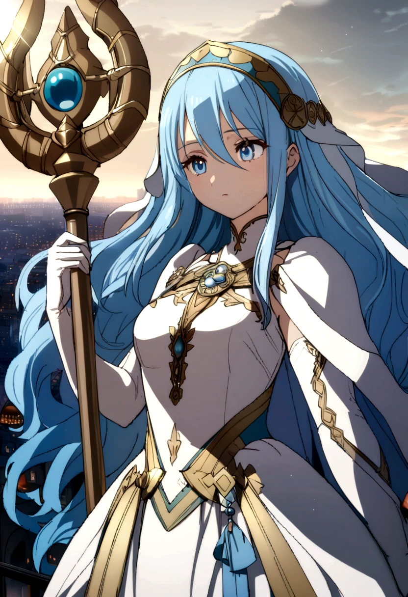 One girl, High resolution, masterpiece, alone, anime, Absurd, Detailed face, Perfect Eyes, Azura (Fire emblem), Upper Body, whole body, White Dress, jewelry, White gloves, Cityscape, Holding, staff, sing