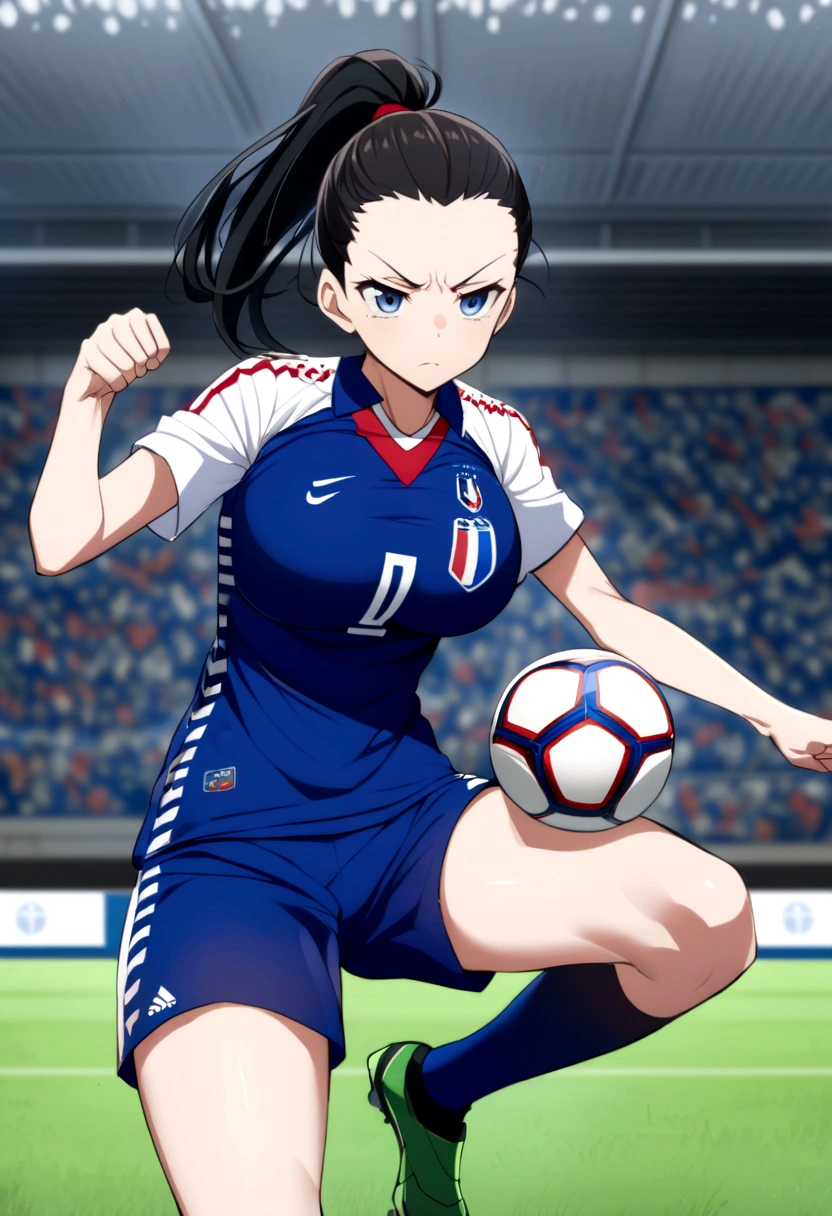 (anime ,2D) a female soccer player of average height ,clear skin,thin face ,serious expression,blue eyes,waist-length black hair ,fringe,collected in a ponytail,Skinny body,big breasts,small waist, France national team uniform, In a soccer field ,kicking a ball with a super technique.