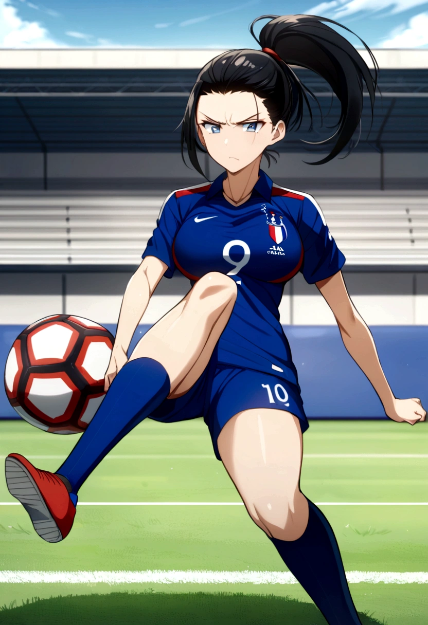 (anime ,2D) a female soccer player of average height ,clear skin,thin face ,serious expression,blue eyes,waist-length black hair ,fringe,collected in a ponytail,Skinny body,big breasts,small waist, France national team uniform, In a soccer field ,kicking a ball with a super technique.