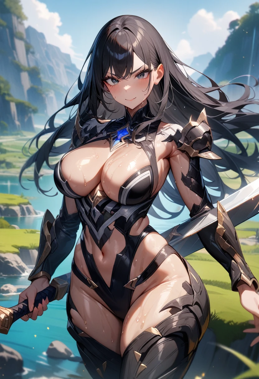 1girl,solo,super detailed skin,shiny skin,wet oily skin,serious smile ,eyelashes,black hair,long hair ,large breasts,holding mechanical huge sword ,unique and complex clothes ,fantasy landscape,masterpiece,best quality,ultra detailed,high resolution,sharp focus,depth of field