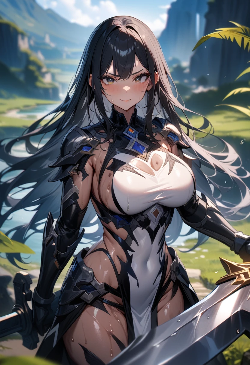 1girl,solo,super detailed skin,shiny skin,wet oily skin,serious smile ,eyelashes,black hair,long hair ,large breasts,holding mechanical huge sword ,unique and complex clothes ,fantasy landscape,masterpiece,best quality,ultra detailed,high resolution,sharp focus,depth of field