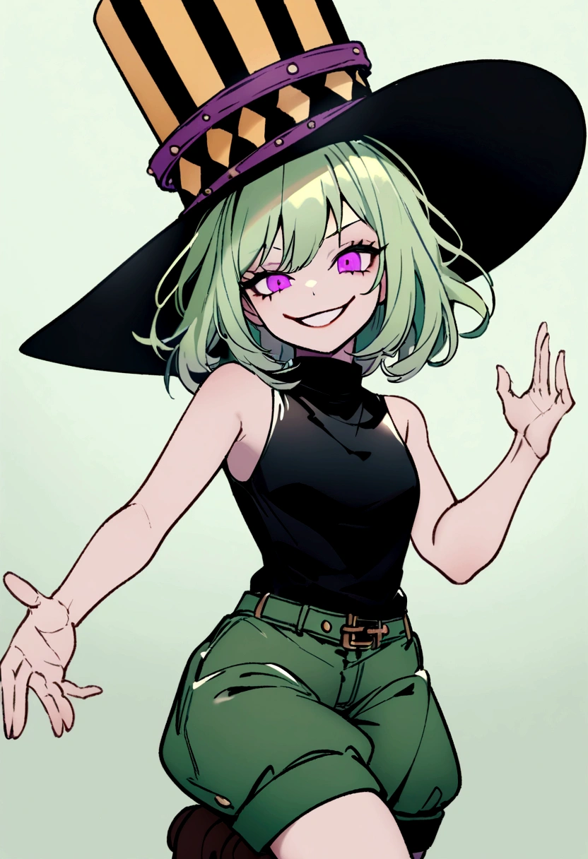 (highres), (detailed),1 girl, alone, medium hair, pastel green hair, evil smile, violet eyes, big top hat, black sleeveless turtleneck top, green shorts, dark brown boots, magician like, charming pose