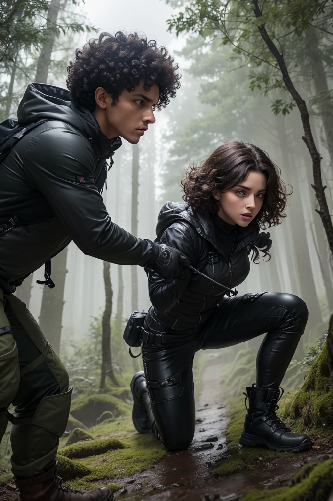 - **Description**: Young Victor e Noemy lutando para controlar uma tempestade.
- **detaileds**: Young Victor (1,70m, blackquality hair, eyes black, shorth hair, defined body) is wearing a rugged adventure outfit, adapted for extreme conditions, with reinforced gloves and boots. Noemy, brunette with curly hair and determined eyes, wear light and fluid clothing, suitable for quick and agile movements under adverse conditions. They are both in a forest, trying to control a raging storm