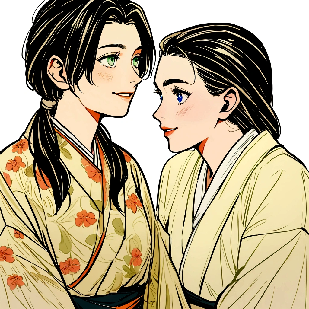 old photo from 1945 of (german woman, age 25, green eyes detailed wavy blonde hair with ponytail , heartthrob style, Grinning, wearing a burnt kimono, torn and crooked), beside (1womanl, japanese,18-years old, blue eyes, black hair, wearing a crooked kimono with floral holes) in shipping to a tea shop black and white photo yellowing of time