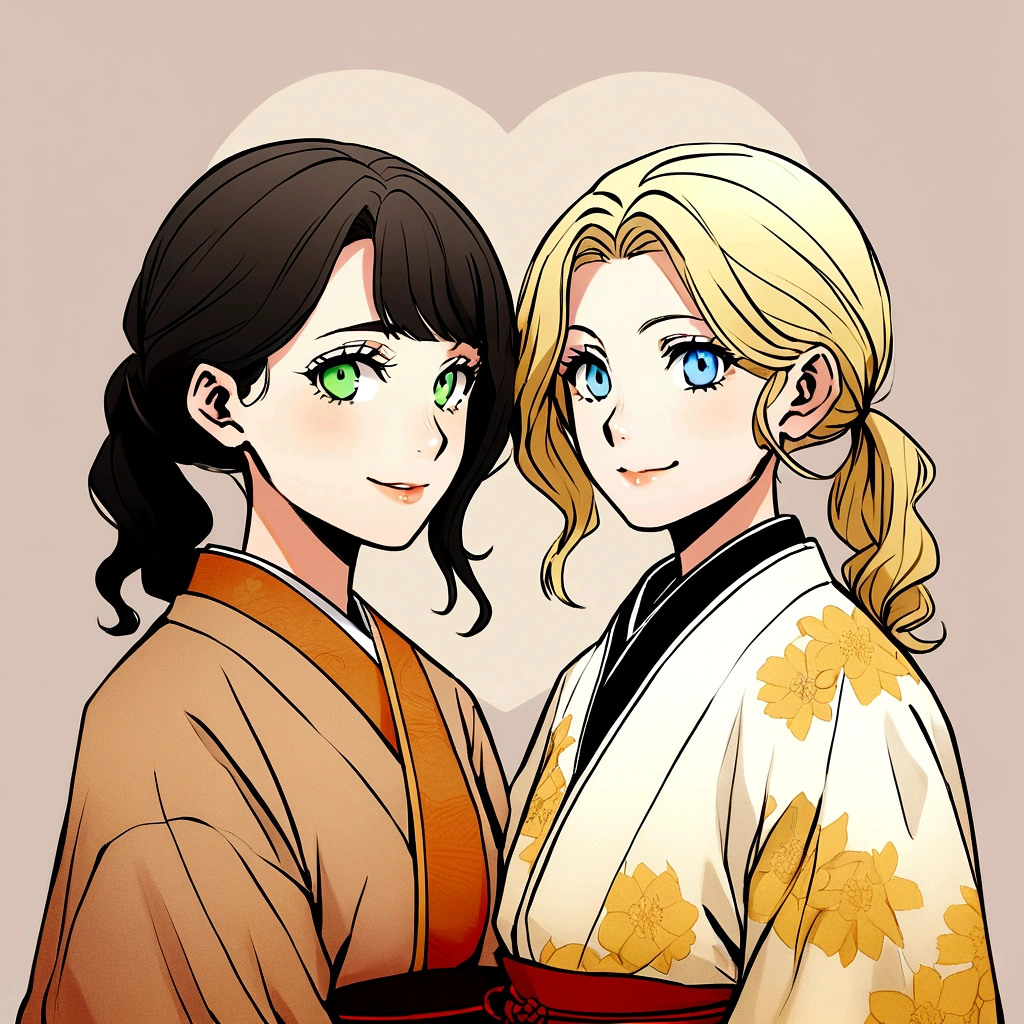 old photo from 1945 of (german woman, age 25, green eyes detailed wavy blonde hair with ponytail , heartthrob style, Grinning, wearing a burnt kimono, torn and crooked), beside (1womanl, japanese,18-years old, blue eyes,  black hair, wearing a crooked kimono with floral holes) in shipping to a tea shop black and white photo yellowing of time
