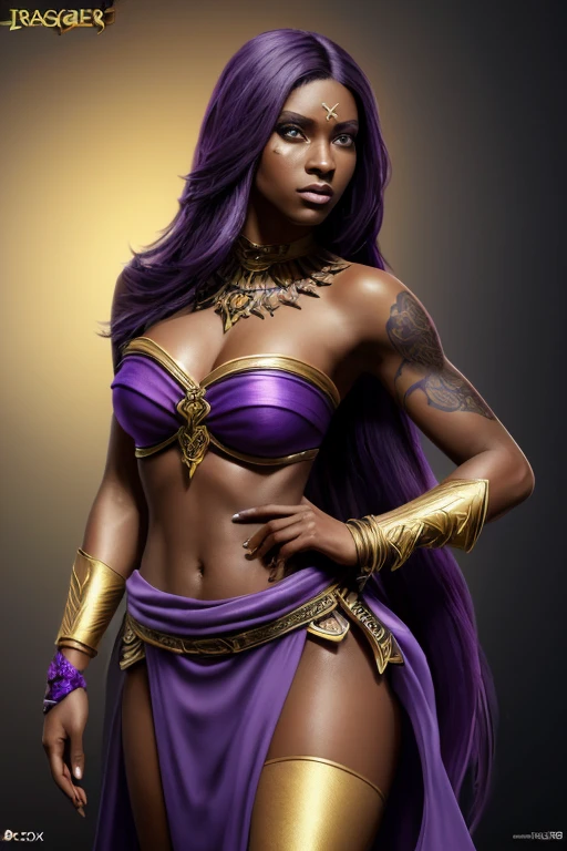 Video Game character, Sorceress, 25 years old, dark skin, dark skinned female, long purple hair, purple eyes, purple lips, purple eyeliner, covered in tattoos, (Wearing: strapless top, loincloth, golden bracelets1.2). Whole body, Casual pose, Beautiful pose, (Extremely detailed CG 8k wallpaper), (Extremely delicate and beautiful), (Masterpiece), (Best quality: 1.0), (Ultra-high resolution: 1.0), Beautiful lighting, Perfect lighting, Realistic shadows, [high resolution], Detailed skin, Super detailed (((Colorful))), Digital art, League of Legends concept art, full body concept art, Expert concept art with high detail, concept-art, rpg game concept art, concept-art, Vonka Xu style, Video game concept art, 4K, full body portrait

