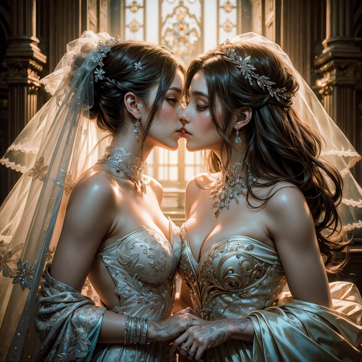 (masterpiece, highest quality, official art, beauty and aesthetic), two stunning bride is deeply in love with each other, kiss