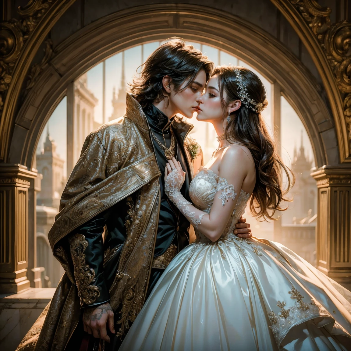 (masterpiece, highest quality, official art, beauty and aesthetic), two stunning bride is deeply in love with each other, kiss