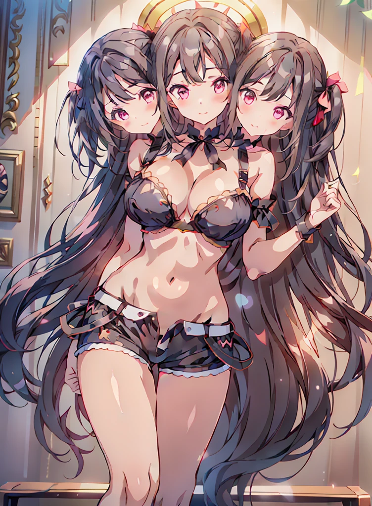 (Threeheads), (masterpiece, best resolution), (3heads:1.5), 1girl,solo,black hair,smile,breasts,ribbon,long hair,two side up,hair ribbon,pink eyes,twintails,medium breasts,looking at viewer,bangs,blunt bangs,lipstick,(gothic background:1.2),(bike shorts :1.2),(Standing with one hand over the heart :1), conjoined, open belly, huge tits,
