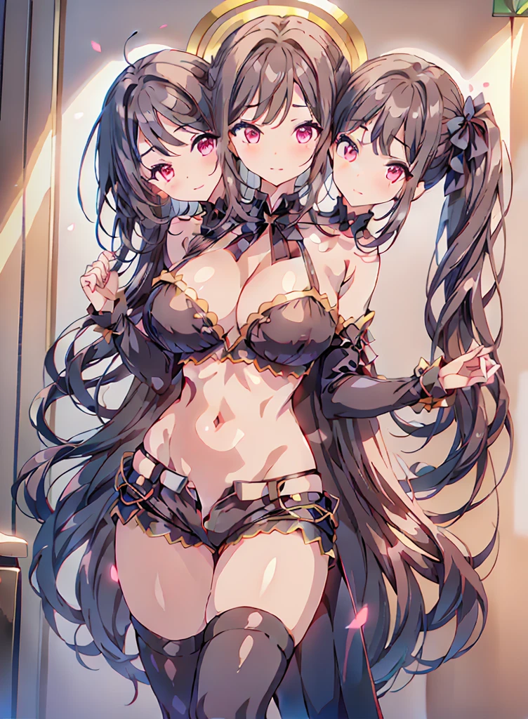 (Threeheads), (masterpiece, best resolution), (3heads:1.5), 1girl,solo,black hair,smile,breasts,ribbon,long hair,two side up,hair ribbon,pink eyes,twintails,medium breasts,looking at viewer,bangs,blunt bangs,lipstick,(gothic background:1.2),(bike shorts :1.2),(Standing with one hand over the heart :1), conjoined, open belly, huge tits,