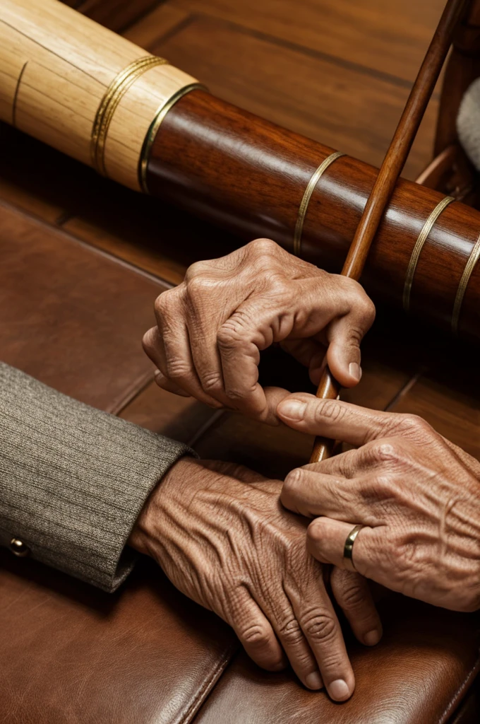 an old man's hand holding a luxurious cane with the initials "LMH" 