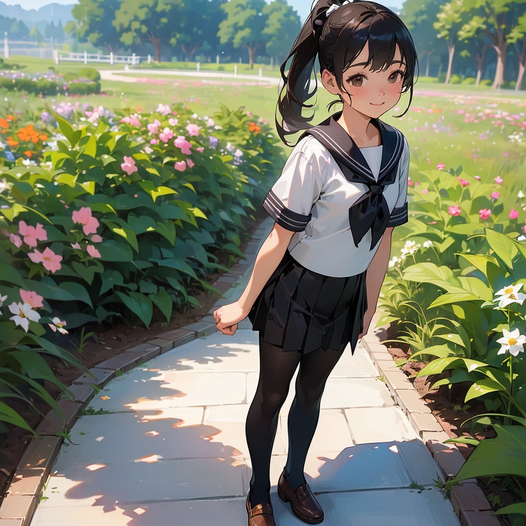 (Highest quality, High resolution, Very detailed, Realistic:1.37), Peaceful atmosphere, (Outdoor, garden), Teenage girl standing alone, Beautiful and detailed features, Cute Smile, ((Black ponytail)),Short-sleeved sailor uniform, Pleated skirt,Black tights,Brown leather shoes.