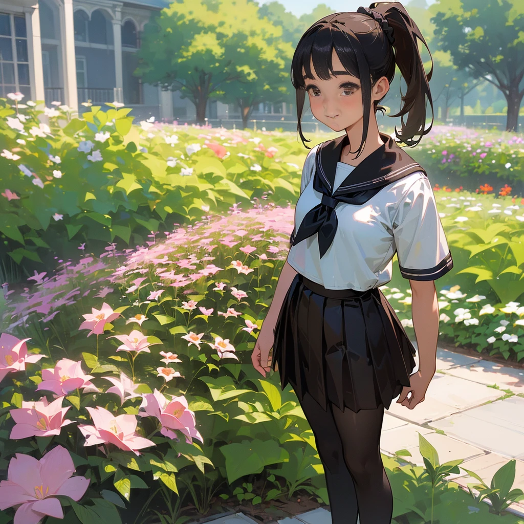 (Highest quality, High resolution, Very detailed, Realistic:1.37), Peaceful atmosphere, (Outdoor, garden), age girl standing alone, Beautiful and detailed features, Cute Smile, ((Black ponytail)),Short-sleeved sailor uniform, Pleated skirt,Black tights,Brown leather shoes.