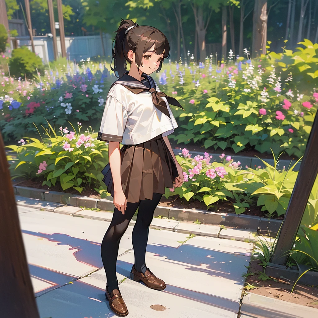 (Highest quality, High resolution, Very detailed, Realistic:1.37), Peaceful atmosphere, (Outdoor, garden), Teenage girl standing alone, Beautiful and detailed features, Cute Smile, ((Black ponytail)),Short-sleeved sailor uniform, Pleated skirt,Black tights,Brown leather shoes.