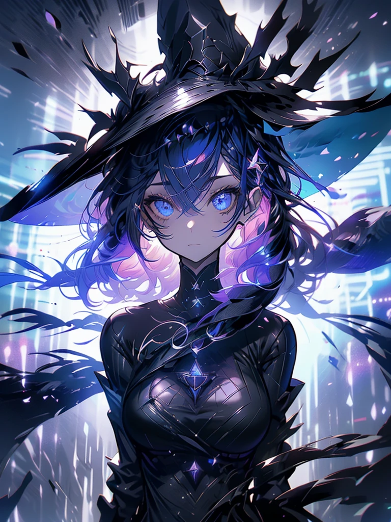 25-year-old girl、wearing a black elegant hat、Rune background、black magician、Wearing a black robe、mesmerize、cute woman、Elegant hairstyle、indigo hair color、Slightly shorter hair、blue eyes、look at the viewer、masterpiece、Best image、