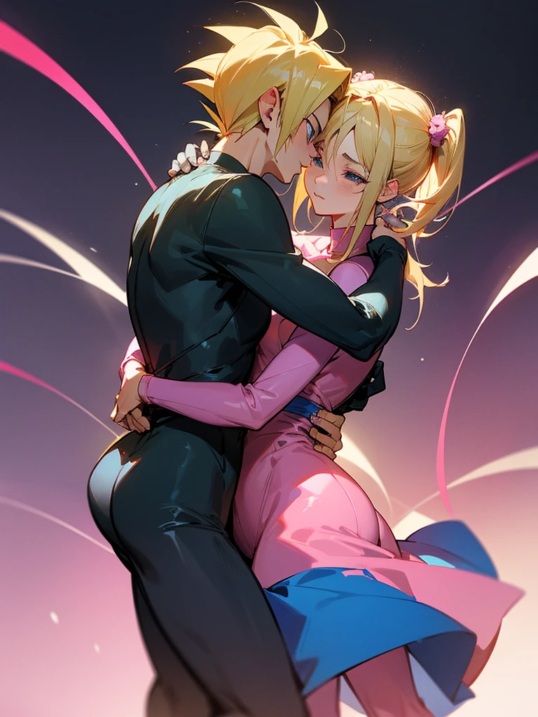 A couple of friends hugging in an emotional farewell atmosphere, next to a spaceship. The boy is tall and adult, with black hair and black eyes, wearing a Dragon Ball Z style battle suit. The girl has blonde hair, blue eyes, and has two pigtails falling over her shoulders decorated with pink ribbons. She wears a pink jumpsuit dress. The art should capture the iconic style of Dragon Ball Z, with an atmosphere that reflects the emotion and sadness of the moment of farewell.