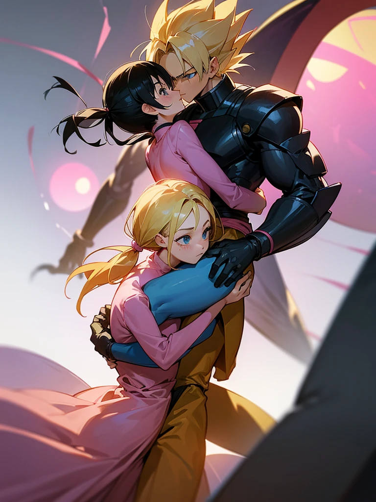 A couple of friends hugging in an emotional farewell atmosphere, next to a spaceship. The boy is tall and adult, with black hair and black eyes, wearing a Dragon Ball Z style battle suit. The girl has blonde hair, blue eyes, and has two pigtails falling over her shoulders decorated with pink ribbons. She wears a pink jumpsuit dress. The art should capture the iconic style of Dragon Ball Z, with an atmosphere that reflects the emotion and sadness of the moment of farewell.