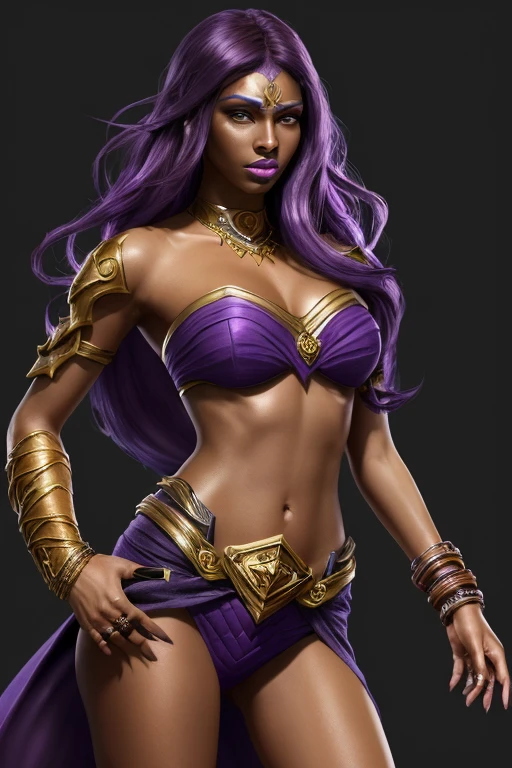 League of Legends character, Sorceress, 25 years old, dark skin, dark skinned female, long purple hair, purple eyes, purple lips, purple eyeliner, covered in tattoos, (Wearing: strapless top, loincloth, golden bracelets1.2). Whole body, Casual pose, Beautiful pose, (Extremely detailed CG 8k wallpaper), (Extremely delicate and beautiful), (Masterpiece), (Best quality: 1.0), (Ultra-high resolution: 1.0), Beautiful lighting, Perfect lighting, Realistic shadows, [high resolution], Detailed skin, Super detailed (((Colorful))), Digital art, League of Legends concept art, full body concept art, Expert concept art with high detail, concept-art, rpg game concept art, concept-art, Vonka Xu style, Video game concept art, 4K, full body portrait
