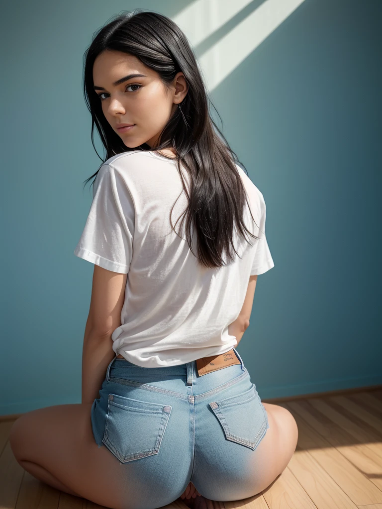 Hyperrealistic close-up photo of Kendall Jenner, Masterpiece, best quality, (Photorealistic: 1.4), full body, (men's oversized white t-shirt: 1.1), (blue jeans: 1.2) slightly below the jeans, facing away from the camera, room with blurred mustard wall background, cinematic light, beautiful woman (short wavy jaw-length black hair), skinny, big big breasts, detailed face, flirty smile, facing camera, photo taken from a distance, age 19, she sits backwards, you can see her back,[(nsfw:1.5)::0.8],